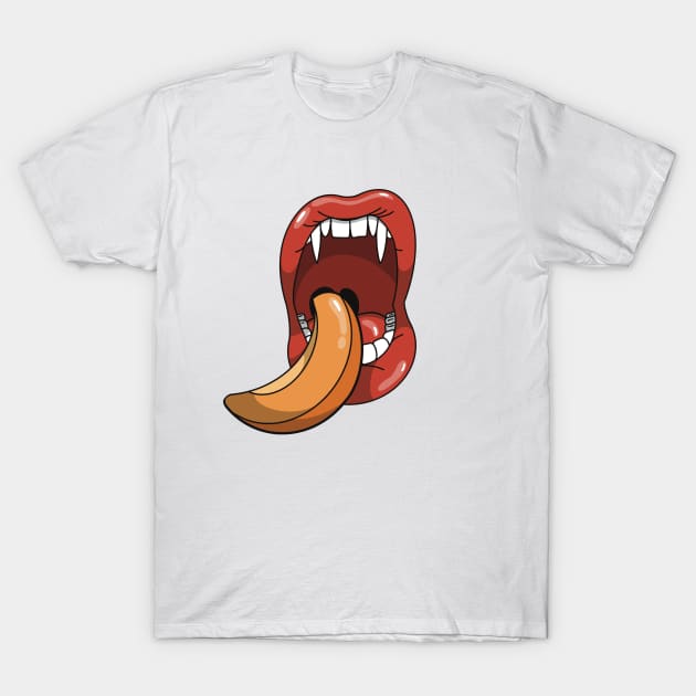 Mouth with vampire teeth about to take a bite into a slice of a peach T-Shirt by Fruit Tee